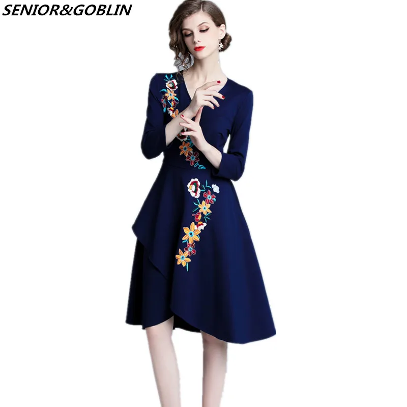 

2019 New Fashion Women Spring V-neck Embroidery Flowers Dress Vestidos Mujer Elegant Vestidos Casual Plus Size Party Dresses