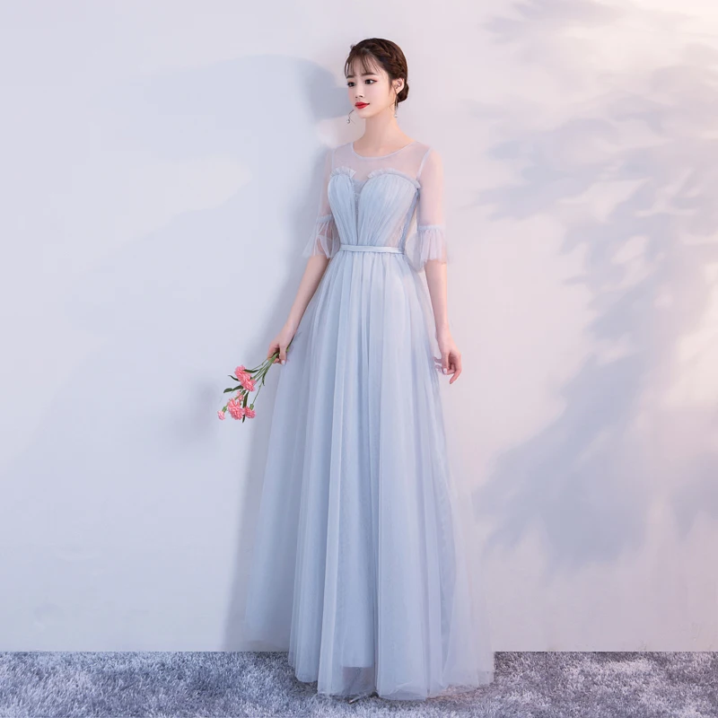 

Wedding Party Dress Blue Gery Bridesmaid Dress Pleat Long Floor Length