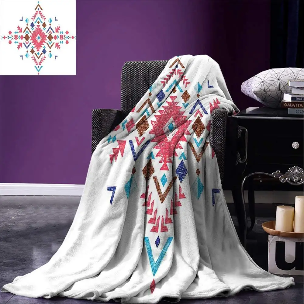 

Tribal Throw Blanket Colored Hand Drawn Style Ethnic Pattern with Geometrical Like Frame Art Warm Microfiber