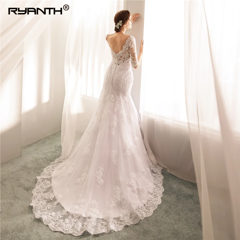 Ryanth Vestido de Novia с кружевом и жемчугом на высоком каблуке Свадебные платья Русалочки сексуальный v-образный вырез с коротким рукавом Свадебный платья свадебное платье для невесты