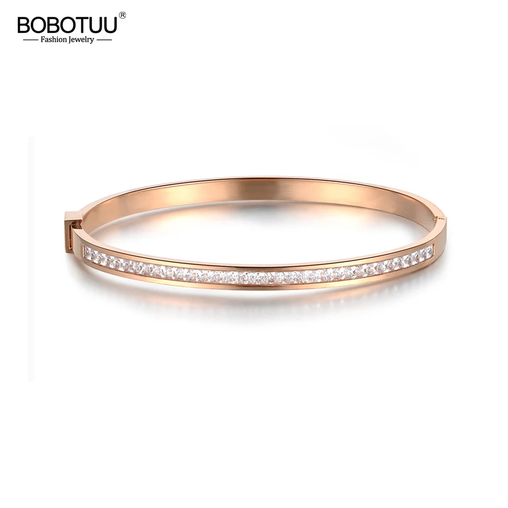 

BOBOTUU Classic Titanium Steel Rose Gold Color Bracelets Bangles Luxury Cubic Zirconia Wedding Bangle Jewelry For Women BB18047