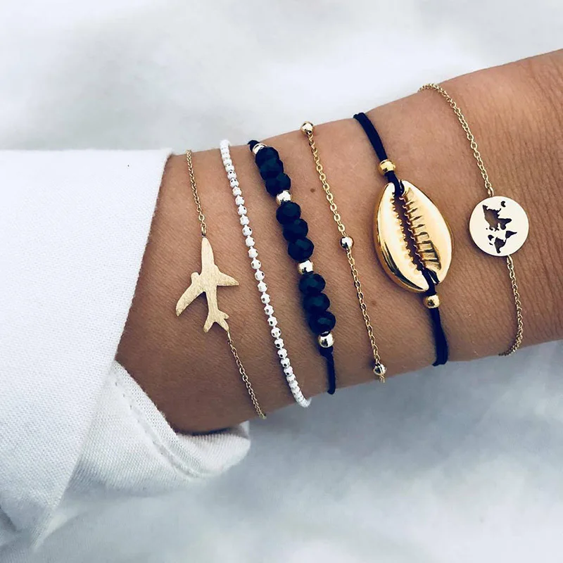 

New Bohemian Beach bracelets Set For women Cowrie Shell aircraft metal map charm beads chains 2019 Fashion Wedding Jewelry