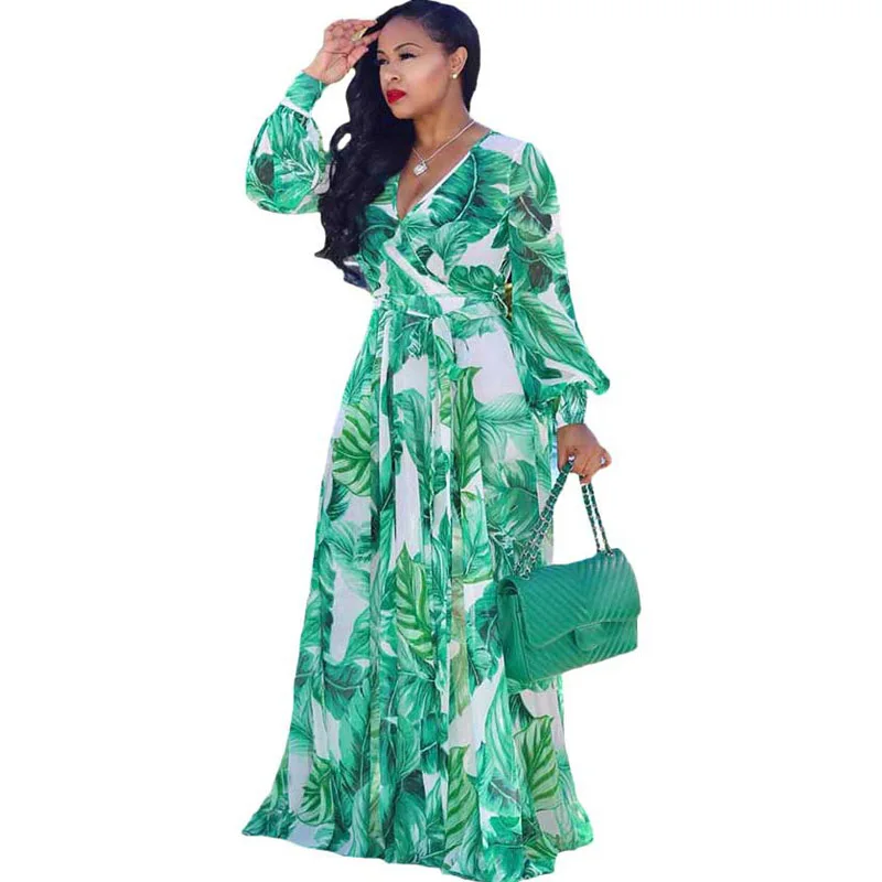

Beach Chiffon Maxi Dress 2019 Summer New Women's Casual Loose Print Dress Long Sleeve V-neck Belt Large Size Dress S-XXL-5XL
