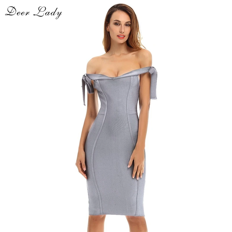 

Deer Lady Sexy Elegant Bandage Dress 2019 New Arrivals Gray Bodycon Spandex Bandage Off Shoulder Dress Autumn Mini Bandage Dress