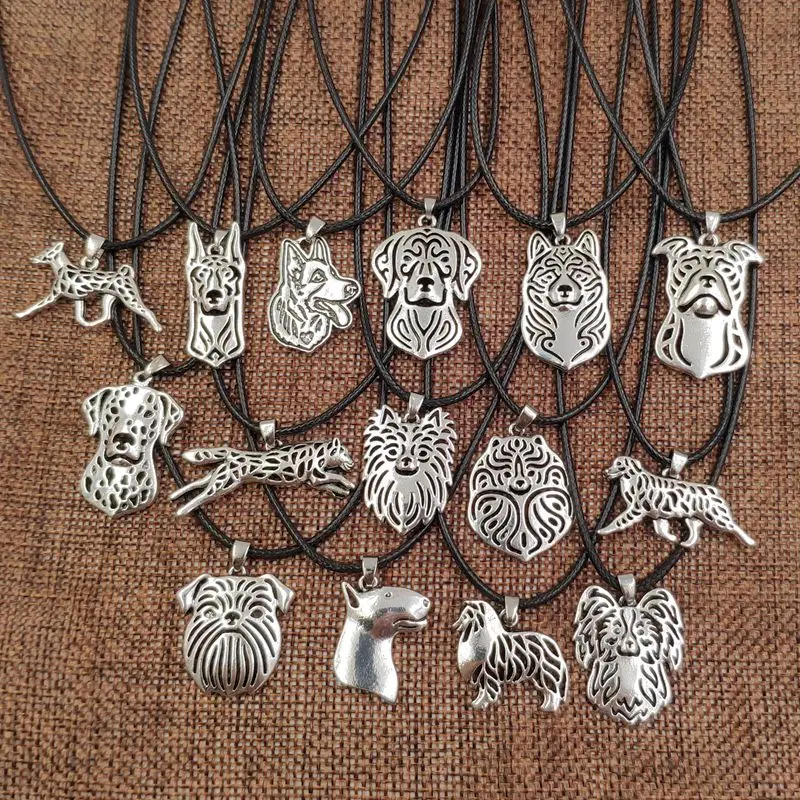 

2019 Wholesale 10 pcs Retro Antique Silver Handmade Rope Necklace Dog Animal Pendant Akita Husky Pitbull Bull Terrier Men Punk