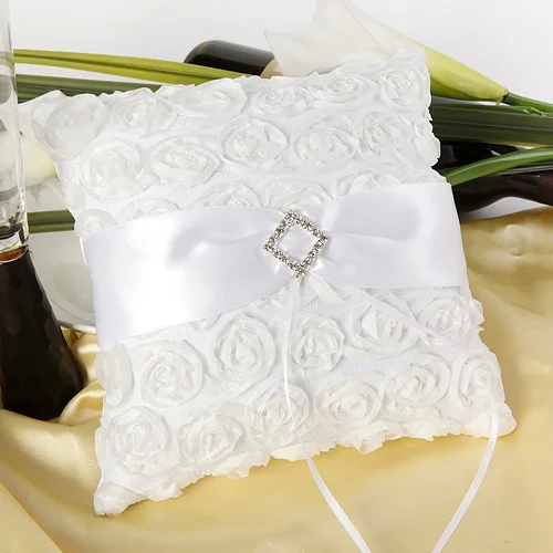 

3D Rose Flower Wedding Ring Pillow Rhinestones and Bow Decor Satin Bridal Cushion Bearer with Ribbons Wedding Decoration