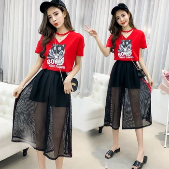 

Casual New Brief Loose Suit Women 2019 Loose Mesh Letter 2 Pcs Set Korean Vintage Print High Waist Two Piece Set