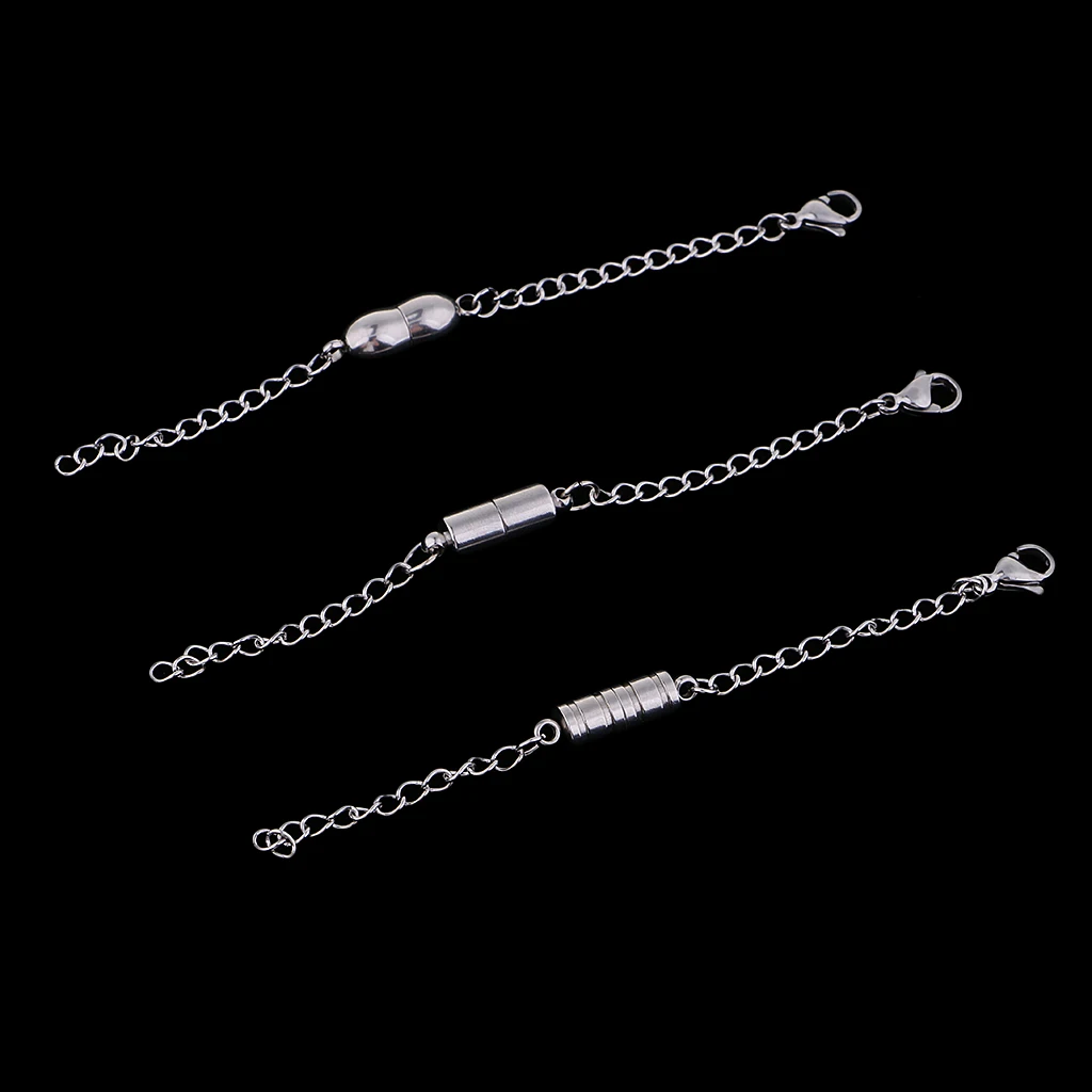 Phenovo 3 Piece Stainless Steel Magnetic Clasps With Extender Chain For DIY Necklace Bracelet Jewelry Making Accessories 