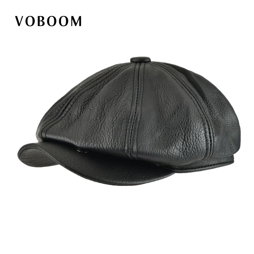 VOBOOM Genuine Leather Newsboy Cap Men Women Flat Cap Black 8 Panel