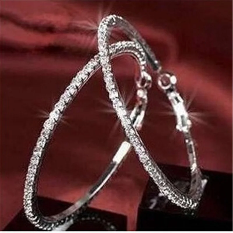 

Popular Earring With Rhinestone Crystal Circle Hoop Earrings Simple Big Circle Silver Plated Hoop Earrings for Women Jewelry