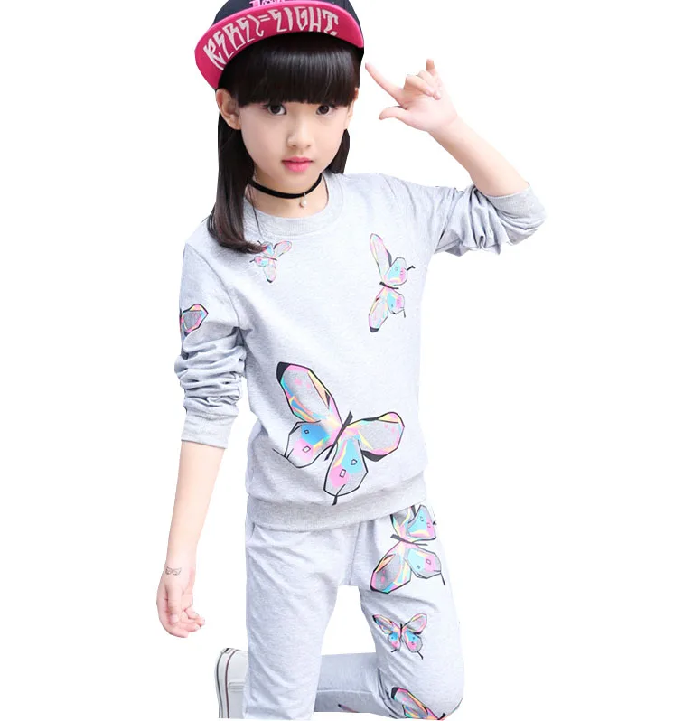

Kids 2017 new spring autumn long-sleeved printing butterfly sports suit jacket + pants 4 6 8 10 12 years old baby girl clothes