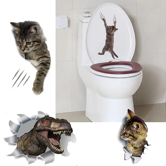 Cats 3D Wall Sticker Toilet Stickers Hole View Vivid Dogs Bathroom Home Decoration Animal Vinyl Decals Art Sticker Wall Poster