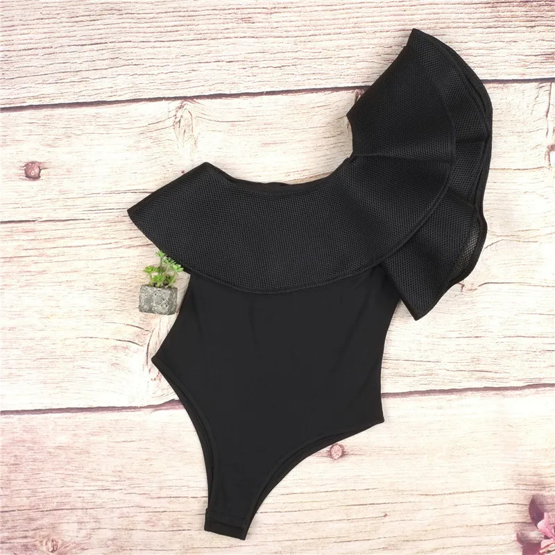 JYConline Ruffles Women Bodysuit Sexy Jumpsuit Black White Body Top One shoulder Bodycon Jumpsuit Sexy Rompers Combinaison Femme black corset bodysuit