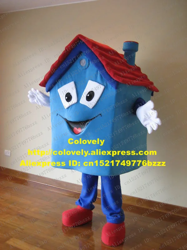 Маскарадный костюм голубого дома Haus Mascotte Building Cubbyhouse Cabin Hut с красной крышей, квадратными глазами для взрослых, № 567
