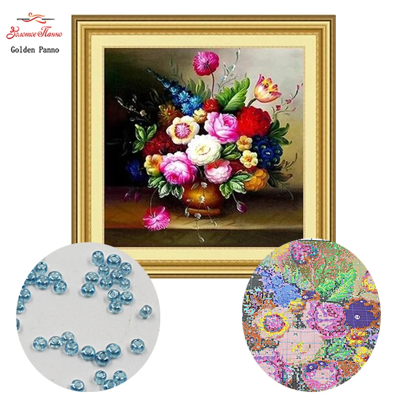Golden Panno beads Needlework DIY bead Cross stitch Embroidery Precise Printed floral Pattern Christmas cross-stitch gift | Дом и сад