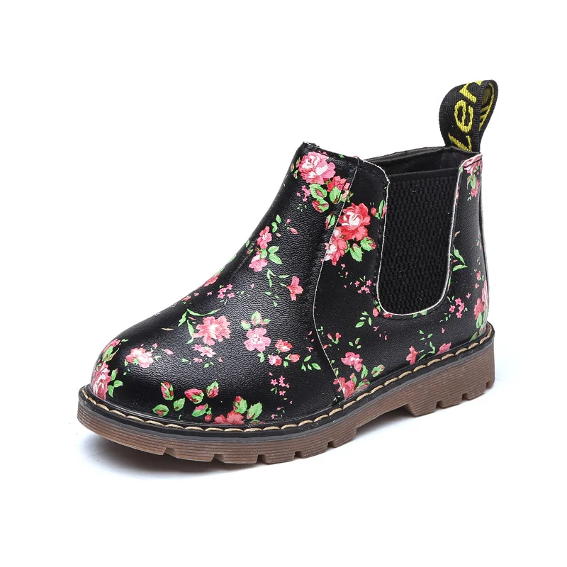 Новые модные детские ботинки с принтом; нескользящие зимние ботинки; осенние ботинки martin для девочек; детская обувь с цветочным принтом; обувь для девочек; CSH547 - Цвет: black no plush