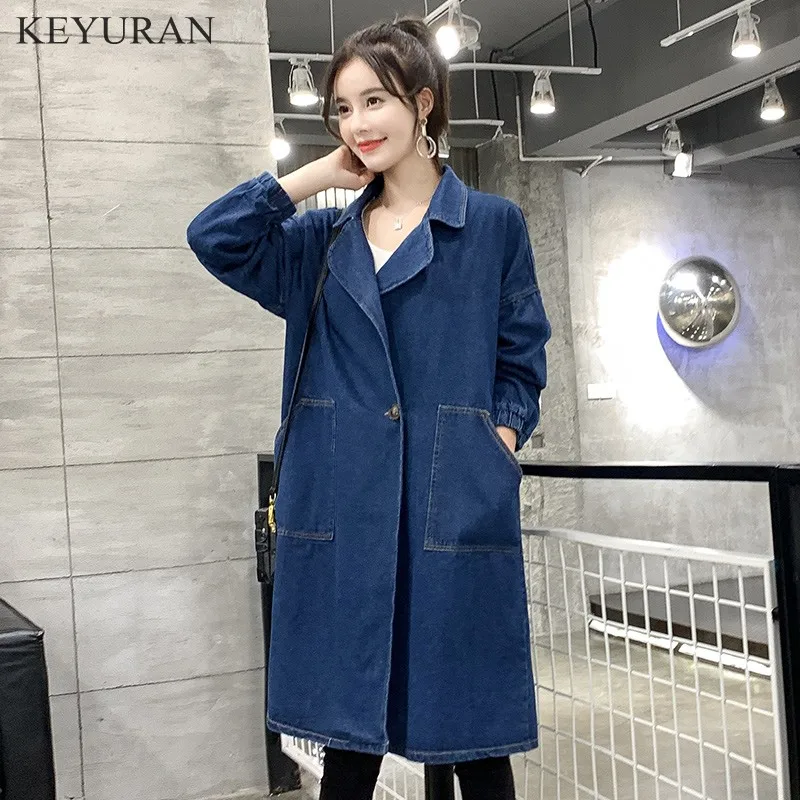 

Women's Denim Trench Coats Vintage Long Sleeve Loose Female Jeans Basic Coat Casual Patch Girls Outwear Plus Size XL-3XL L2861