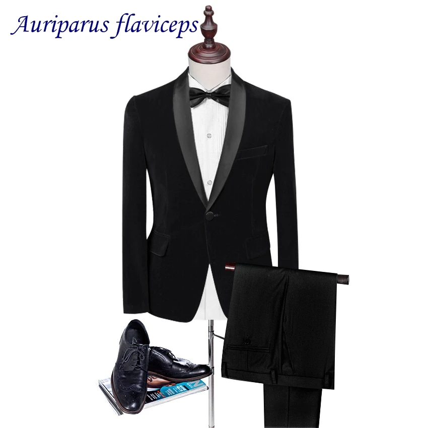 2 pieces Blue Velvet Man Suits Pattern Prom Tuxedos Suit Tailored Wedding Suits With Shawl Lapel Jacket Black pant