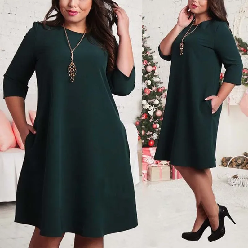 Женское элегантное модное платье миди с коротким рукавом, женское платье с круглым вырезом, однотонное женское весеннее летнее платье А-силуэта размера плюс 6XL - Color: 20192Dark green