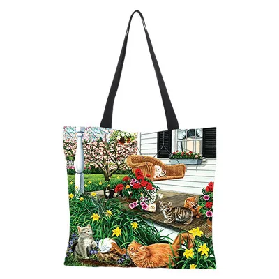 Женские сумки-тоут с принтом кошки, льняные многоразовые сумки для покупок, сумки через плечо для женщин - Цвет: 08