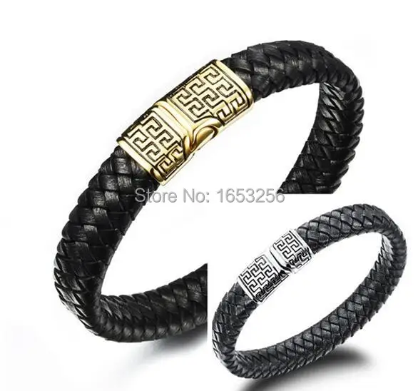 Black Genuine Leather Bracelet Greek design Wristband Men's Stainless