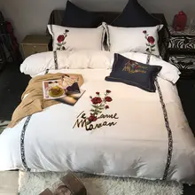 White black bedding set egyptian cotton king queen size rose embroidered cute bed set bed sheet