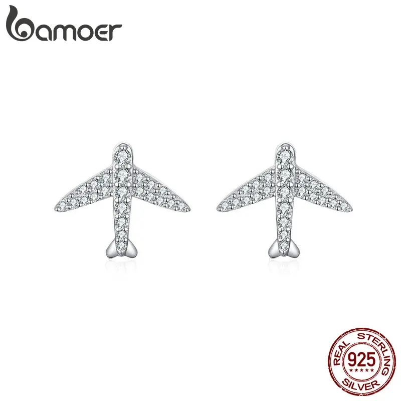 

bamoer Plane Earrings for Girls Clear CZ Paved Planet Airport Stud Earing Female 925 Sterling Silver Studs Jewelry BSE143