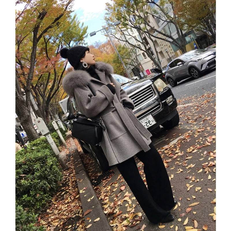 Женское кашемировое пальто двухстороннее с большим лисьим меховым воротником