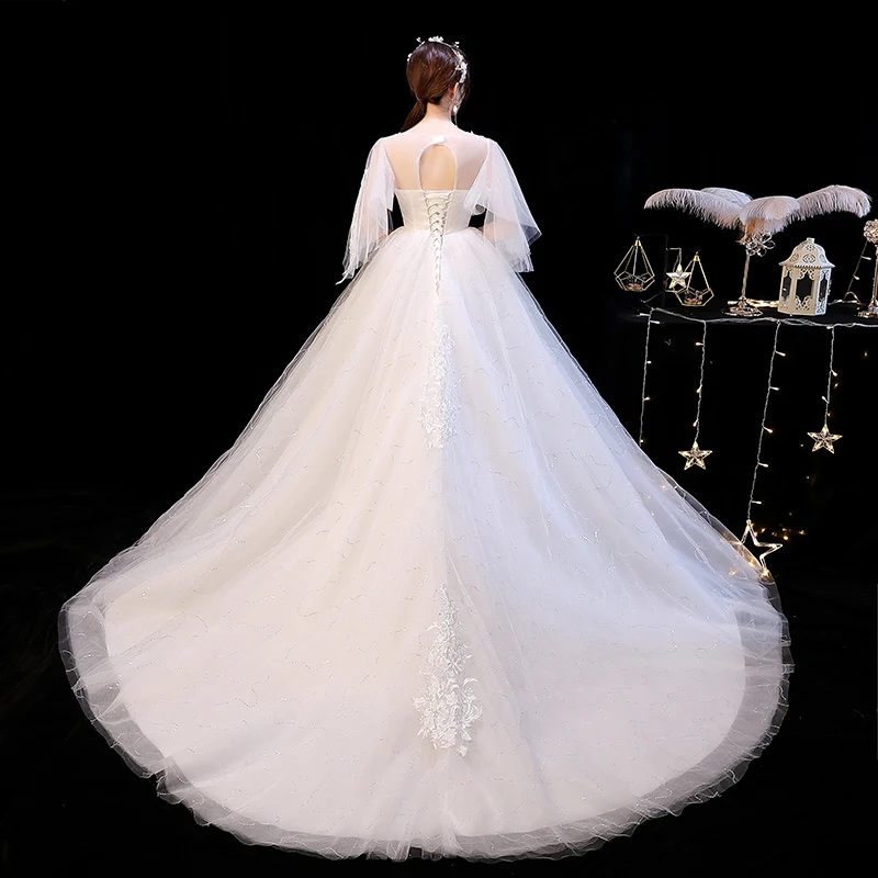 US $42.57 Wedding Dress 2021 Mrs Win The Elelgnat Court Train Batwing Sleeve Wedding Dresses Plus Size Lace Wedding Gowns F