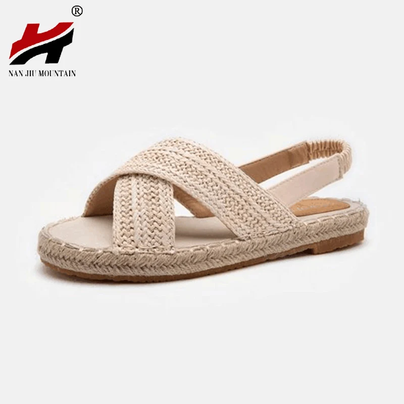 NAN JIU MOUNTAIN Women Sandals 2019 Summer Flat Sandals Casual Rattan Knitting Rear Elastic Band Simple Lady Wind Plus size