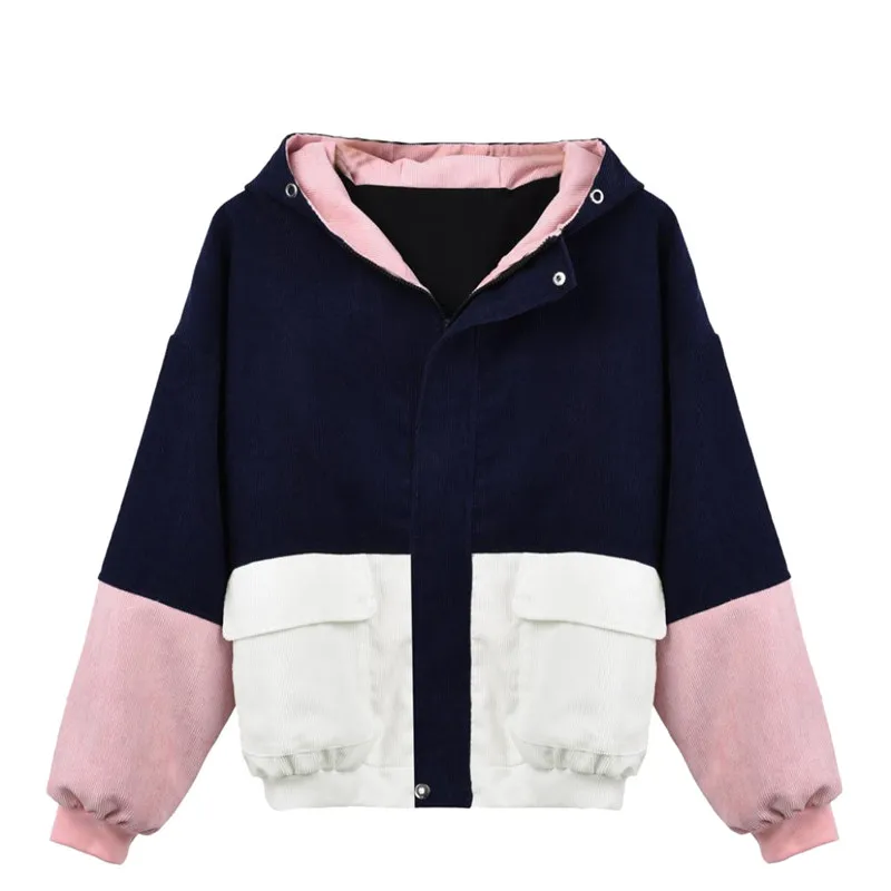 wonderful  Winter Down Jacket Women Long Sleeve Corduroy Patchwork Oversize Short Bomber Jacket Windbreaker Co