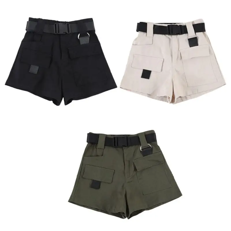 

Womens Summer High Waist Mini Cargo Shorts Quick Release Buckle Belt Casual Wide Leg Loose ShortsWith Pockets Hip Hop Streetwear