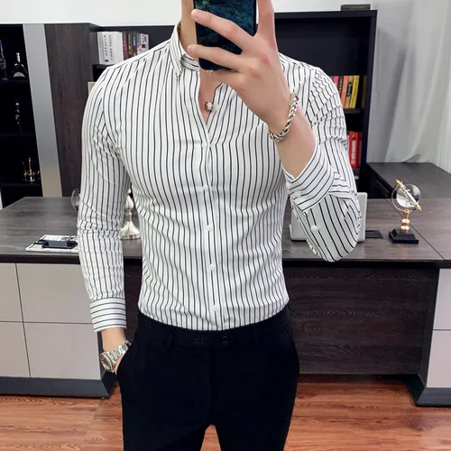 Мужская деловая Повседневная полосатая рубашка с длинными рукавами/мужская приталенная официальная рубашка camisa мужская одежда Весна - Цвет: Белый