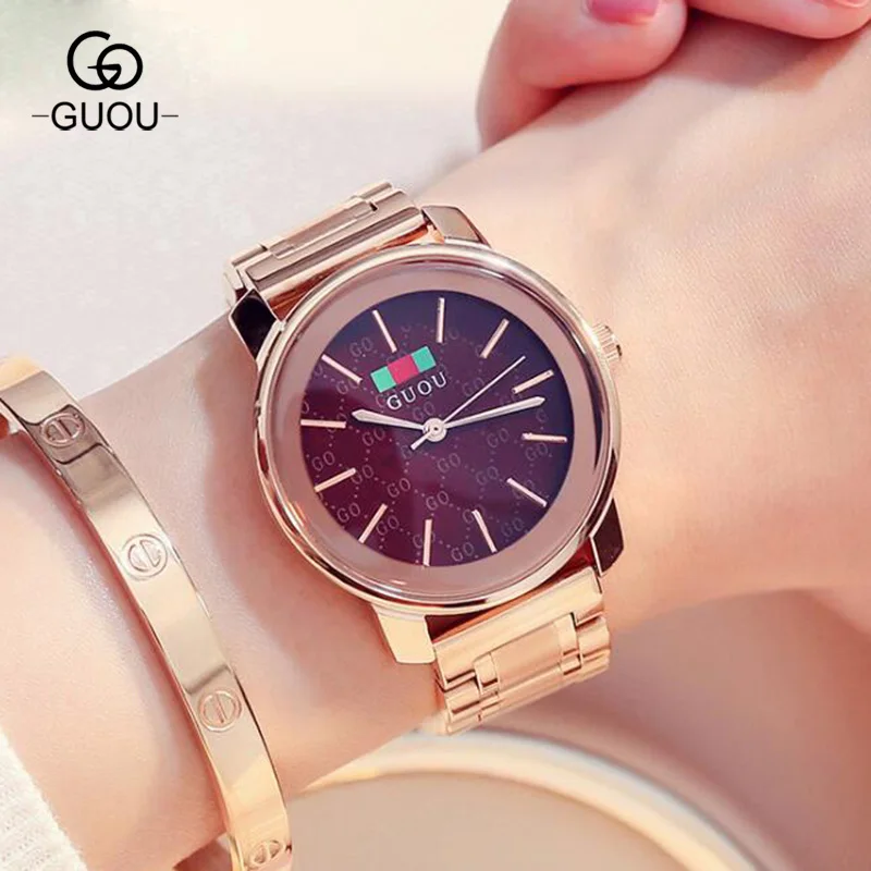 

Luxury GUOU Rose Gold Women Casual Watch Full Stainless Steel Ladies Dress Quartz Wristwatch Female Simple Casual Watches 8188