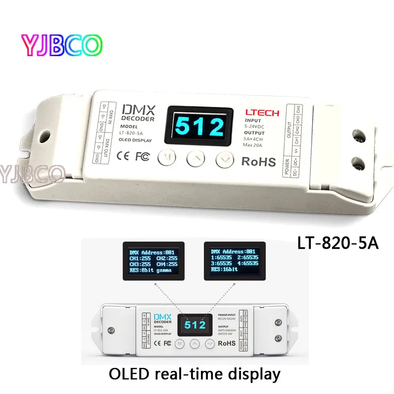 

LT-820-5A 8/16 bits optional,OLED Display 4channel constant voltage LED DMX-PWM Decoder Dimmer;5A*4channel MAX 20A output
