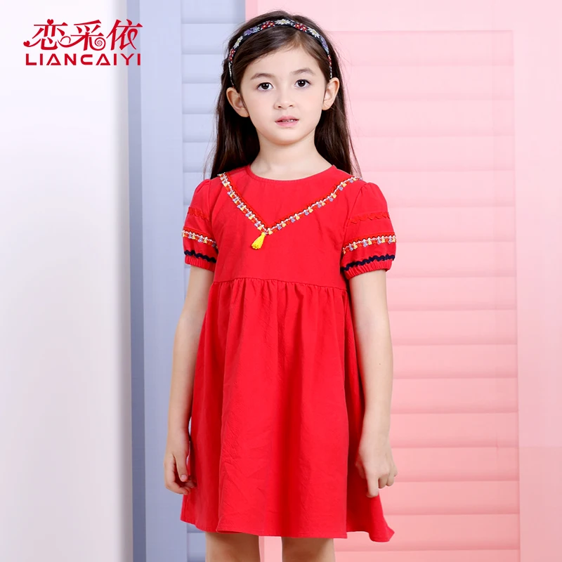 Liancaiyi 2017 New Design Tassels Girls Summer Dress Kids Short Sleeve Beach Princess Dresses Children Simpleness Vestidos