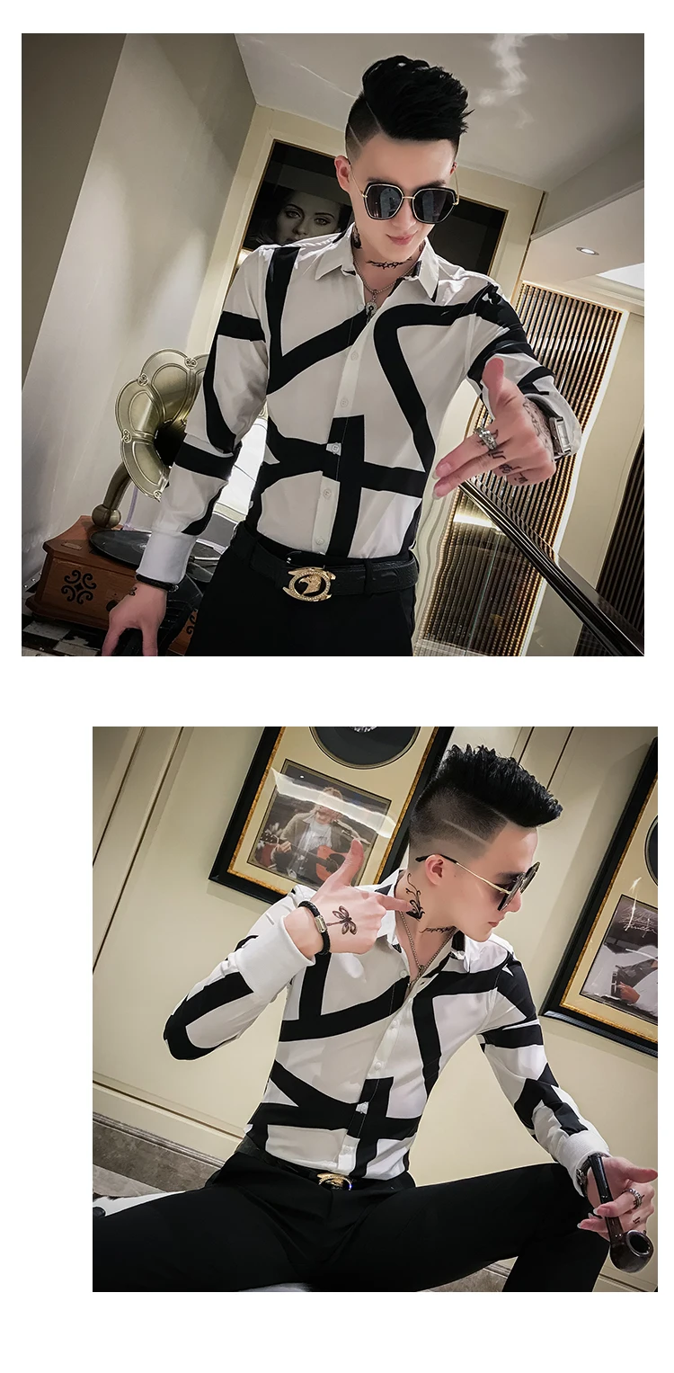 Мода Повседневная рубашка Для мужчин Корейская одежда Для мужчин приталенная одежда с длинным рукавом, рубашка-смокинг мужской уличная печати Chemise Homme 3XL-M