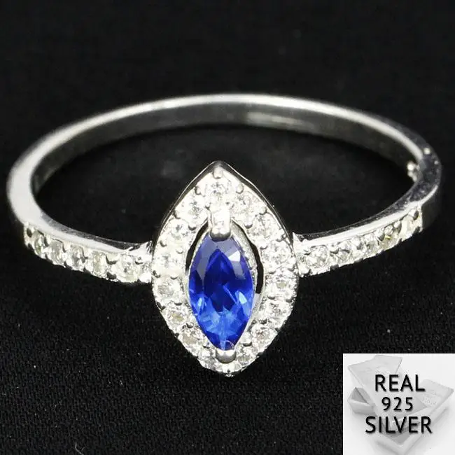 

1.6g Real 925 Solid Sterling Silver Real Blue Sapphire CZ SheType Present Rings US 8.0# 10x7mm