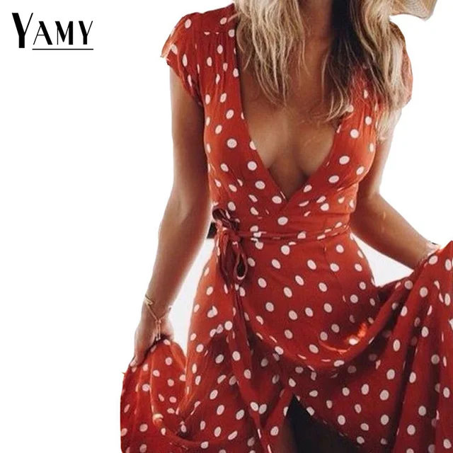 2018 Long Summer Dress Sexy V Neck Short Sleeve Maxi Dresses Dot Print Beach Sundress Vintage Boho Vestidos Wrap Dress