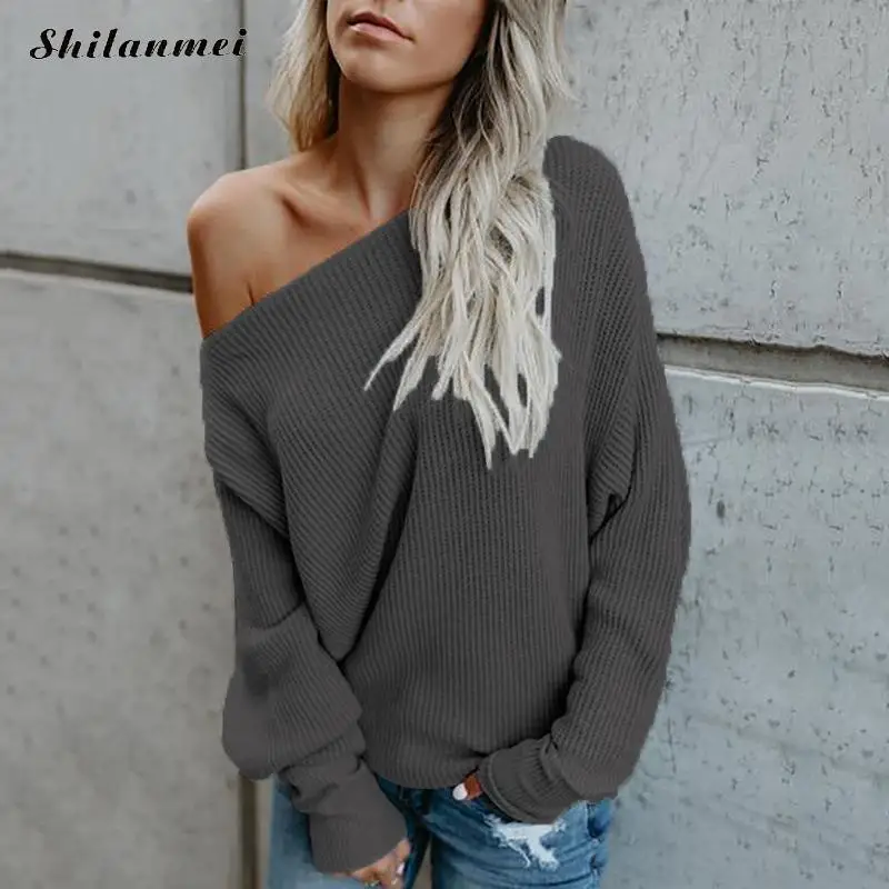 

Autumn Sexy One Shoulder Knitted Sweater Long Sleeve Women Pullover Solid Color Winter Causal Pull Femme Jumper Tops Plus Size