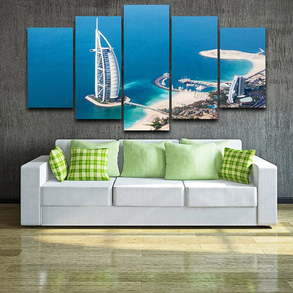 

Canvas HD Prints Pictures Home Decor 5 Pieces Burj Al Arab Painting Modular Seawings Dubai Blue Sea View Poster Wall Art Frame