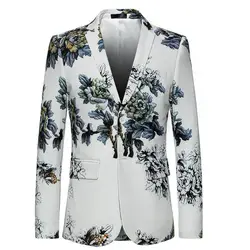 Мода белый блейзер Для мужчин 2019 Slim Fit цветочным узором Костюм с цветами куртка высокое качество Повседневное Мужской Блейзер спортивные