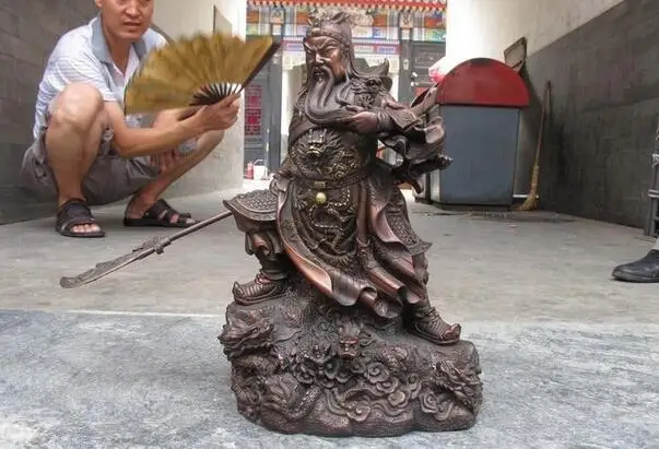 

Chinese Pure red Bronze 9 Dragons Warrior God Guan Gong Wealth Feng Shui Statue