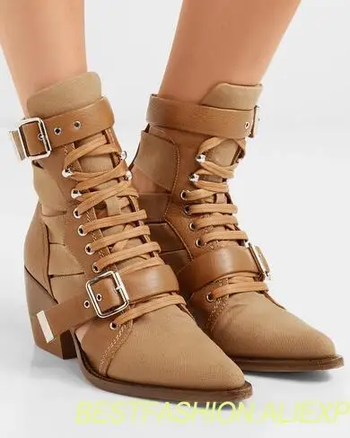 

Luxury Brand Spring Women Khaki Pointed Toe Cutout Leather And Canvas Ankle Boots Med-heels Martin Short Boots Lady Size 42