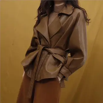 

2019 spring autumn new fashion brand women Adjustable Waist slim Faux Leather vintage style loose female PU coats gx1041