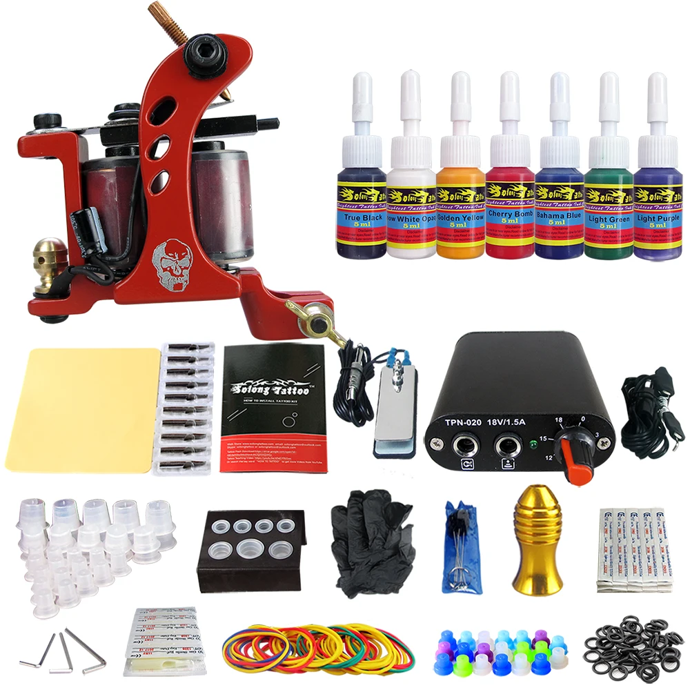 

Solong Tattoo Complete Beginner Tattoo Kit 1 machine Gun 7 Color Inks Power Supply Grips Foot Petal Needles Set TK105-70