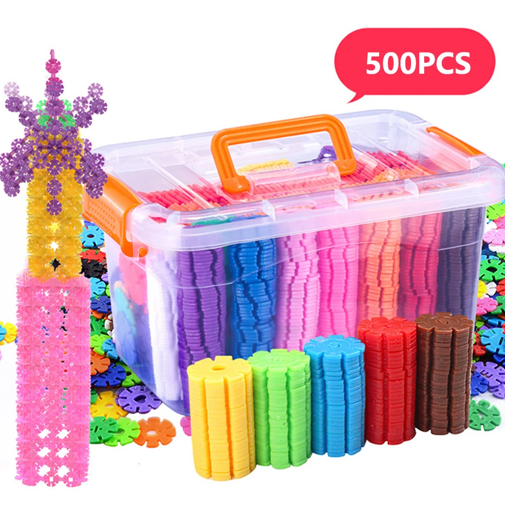 Cena 500 sztuk plastikowe SnowFlake Building klocki mieszane kolory DIY montaż Snowflake cegły dziecko klasyczne zabawki edukacyjne