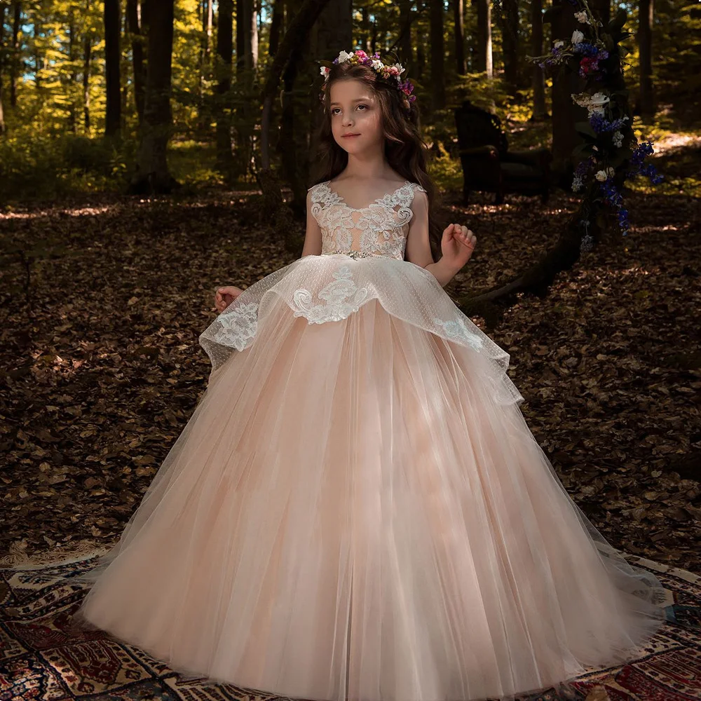 New Sheer V Neck Flower Girls Dresses for Wedding Lace Tulle Girls Pageant Party Gown First Communion Dress size 2-14Y New Sheer V Neck Flower Girls Dresses for Wedding Lace Tulle Girls Pageant Party Gown First Communion Dress size 2-14Y