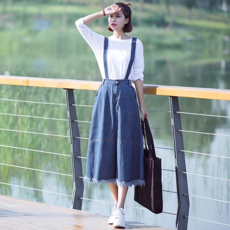 Vintage Midi A line Denim Overalls Dresses Women Vintage Goth Pleated Jeans Dress