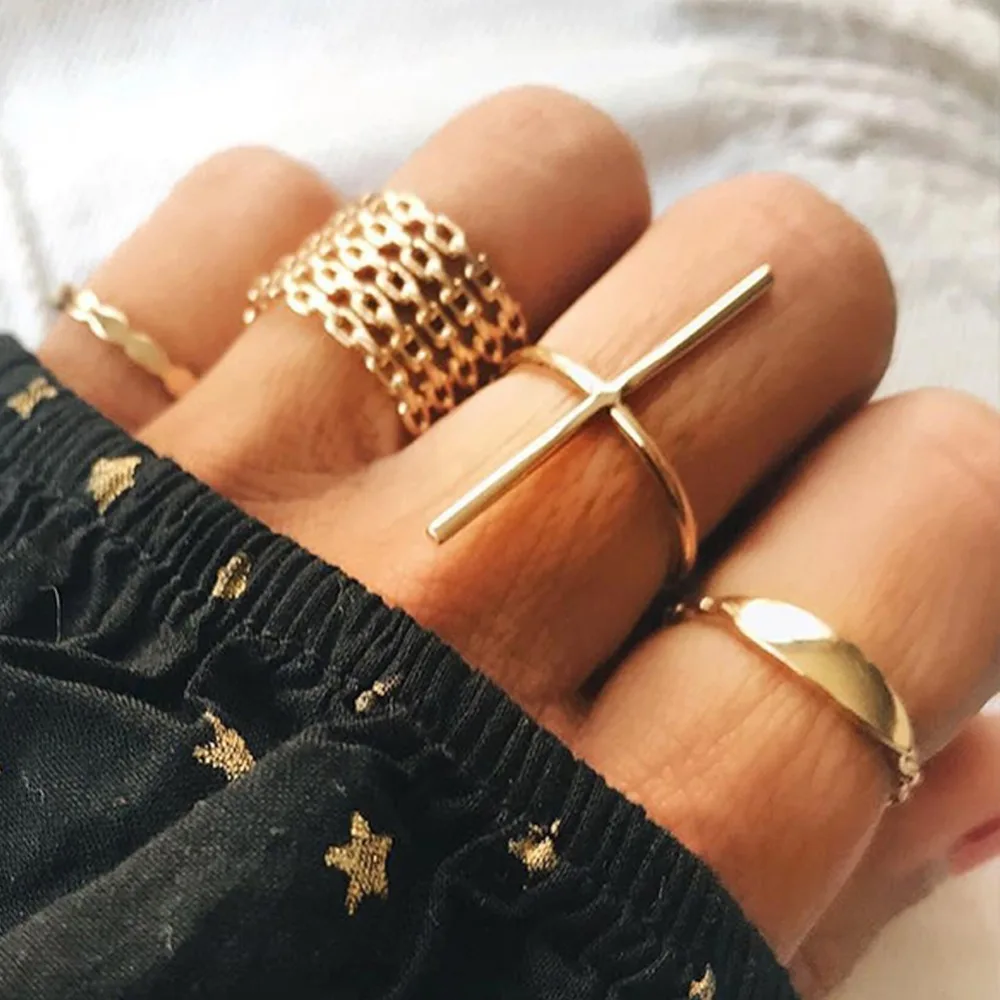 

7pcs/set Punk Geometry Circular Hollow Cross Ring Gold Simple Midi Finger Ring Women's Clothing Accessories #274767